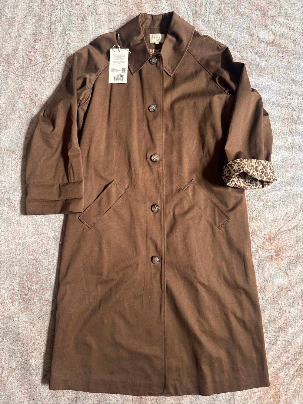 Sezane Clyde Trench Coat, Chocolate w Leopard Lining